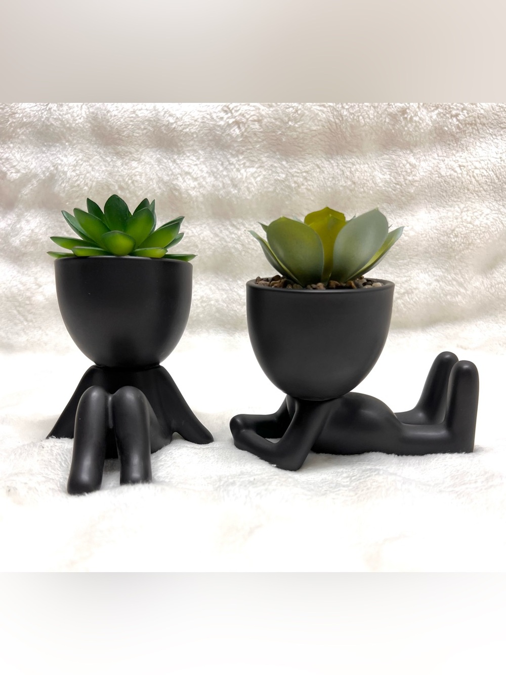 Black Sculptural Faux Succulent Planter - Modern Decorative Accent. 2-pc set
